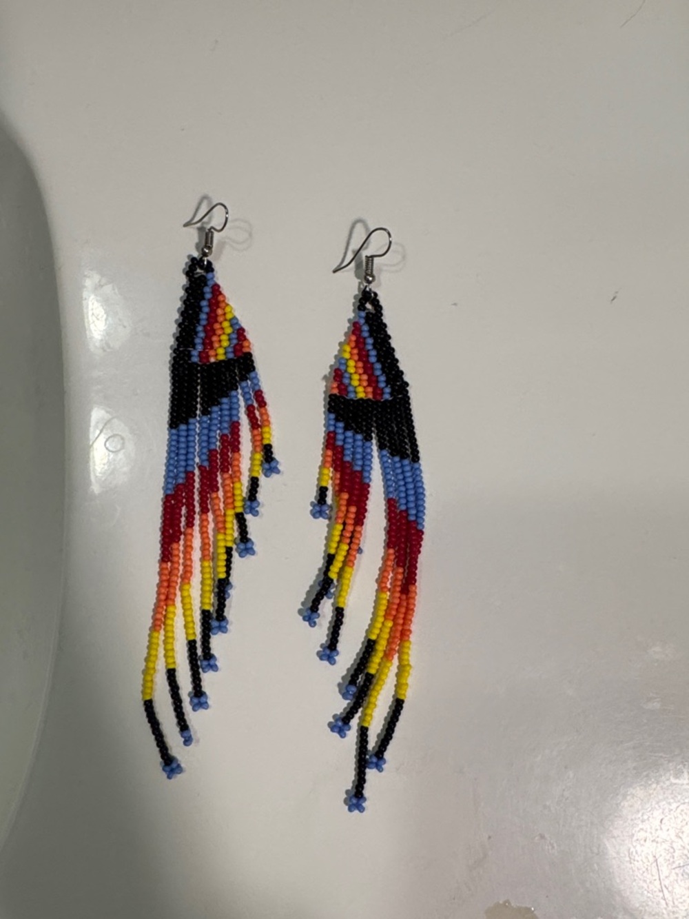 Mexican Handmade Multicolor Beaded Fringe Earrings - Black, Blue, Red, Yellow